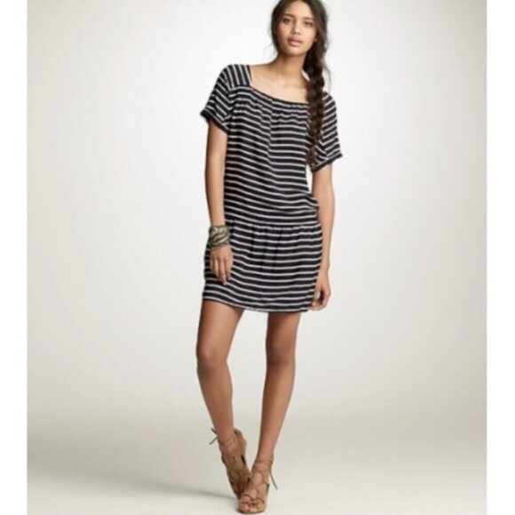 J. Crew Navy Striped 100% Silk Nautical Drop Waist Short Sleeve Mini Dress Small - Picture 11 of 11